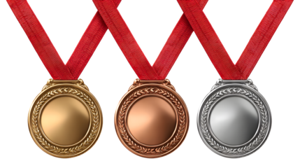Sports medals. Golden silver bronze medal with red ribbon. Champion winner awards of honor vector isolated template, no logos, no brands