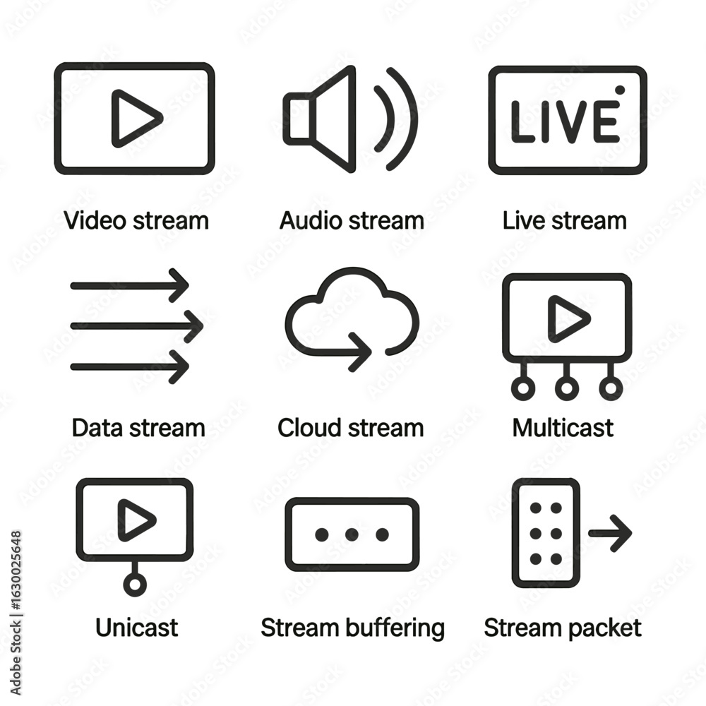 Poster stream icon set. outline icon set of stream types: video stream, audio stream, live stream, data str