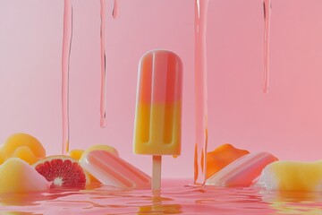 Vibrant citrus popsicle surrounded by juicy fruits