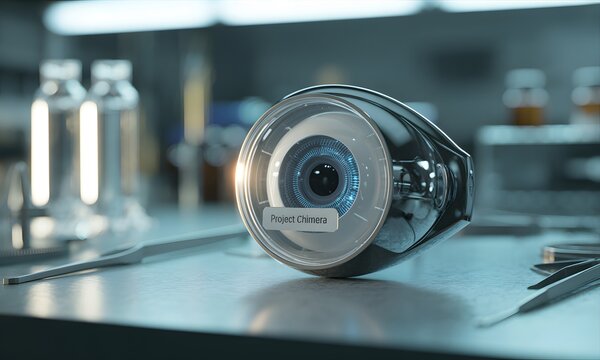 Futuristic Project Chimera eye concept on lab table, exploring advanced technology and vision
