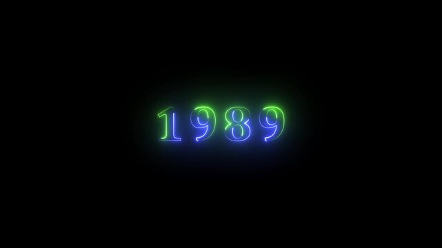 Neon text calendar 1989 animation, glowing neon icon blue and green colors 4k video. Neon light countdown 1989 Sal number icon background 4k animation.