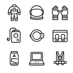 Crew Equipment Icons. Outline icon set of crew equipment: pressure suit, helmet visor, gloves, life support pack, comms module,
