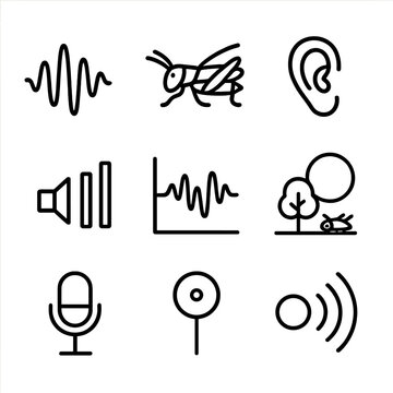 Cricket Sound Icon Set. Outline icon set of cricket sounds and communication: sound wave lines, stridulation wing rub, tympanal