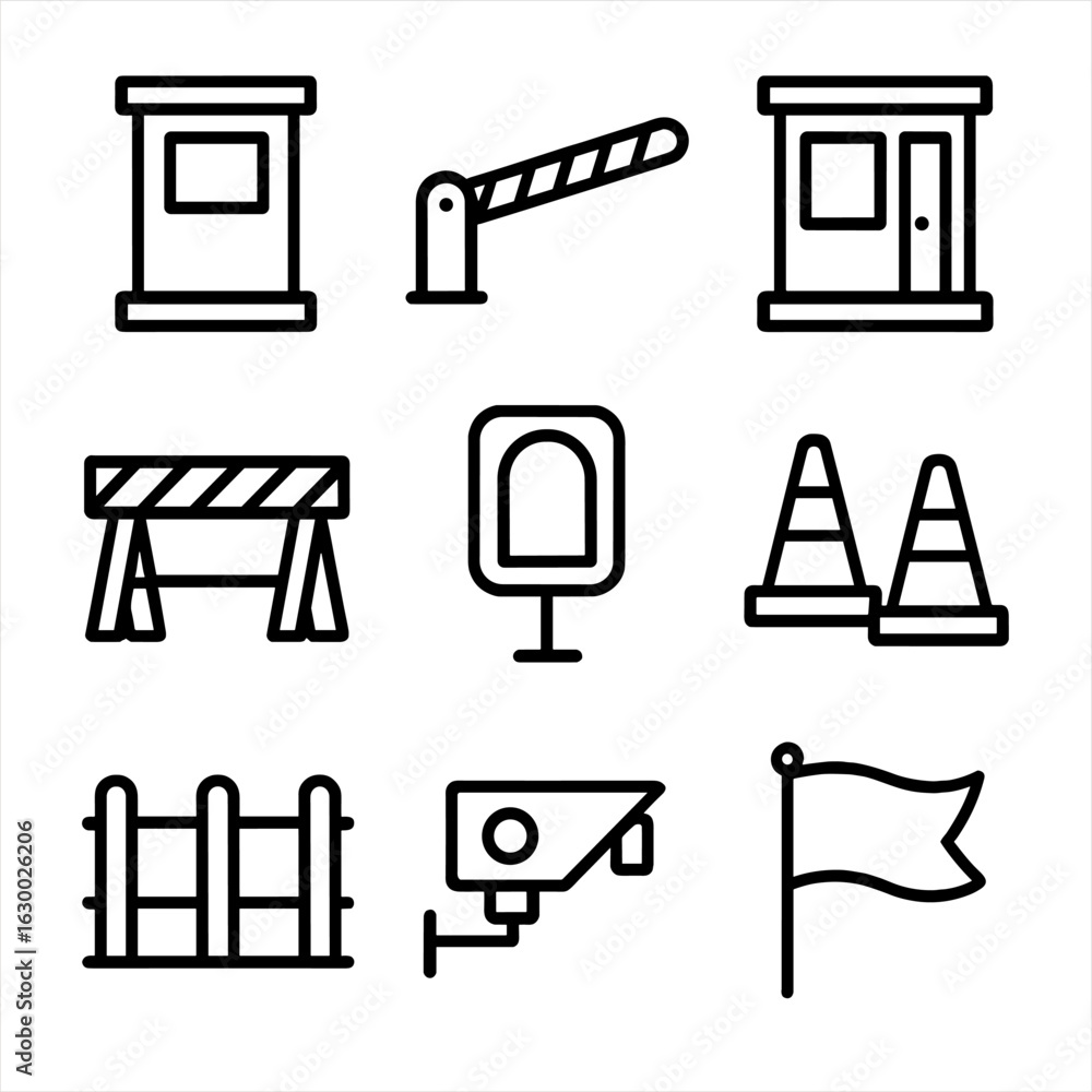 Poster checkpoint icons set. outline icon set of checkpoint structures: guard post, barrier gate, security 