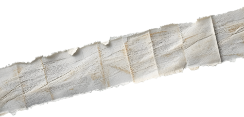 A torn strip of beige medical tape with a gauze-like texture, placed diagonally on a clean white background