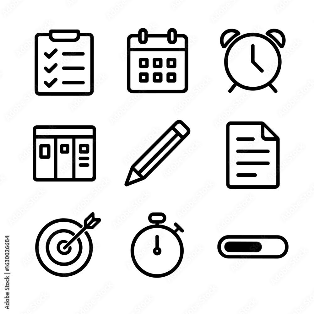 Poster task icons grid. outline icon set of task orders: checklist, calendar, alarm clock, task board, penc