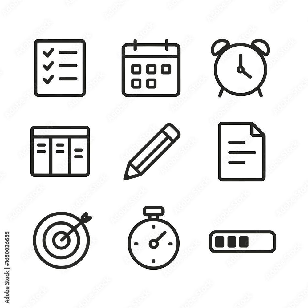 Poster task icons grid. outline icon set of task orders: checklist, calendar, alarm clock, task board, penc