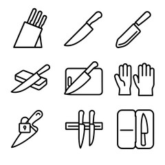 Knife Safety Icons. Outline icon set of knife safety and storage: knife block, sheath, blade guard, sharpening stone, cutting