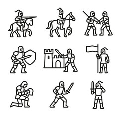 Knight Activity Icons. Outline icon set of knight activities: jousting, horseback riding, sword fighting, shield block, castle