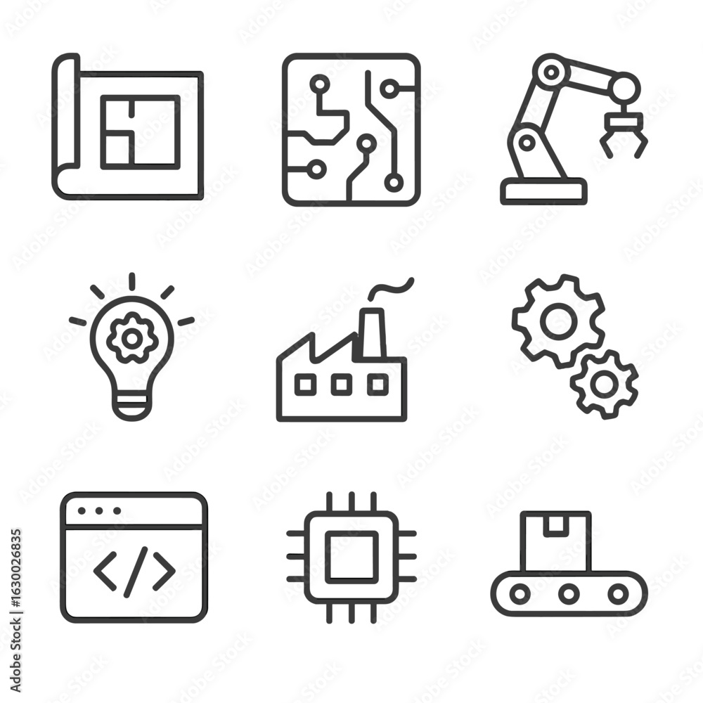 Poster tech icon grid. outline icon set of technological origin: blueprint, circuit board, robot arm, inven