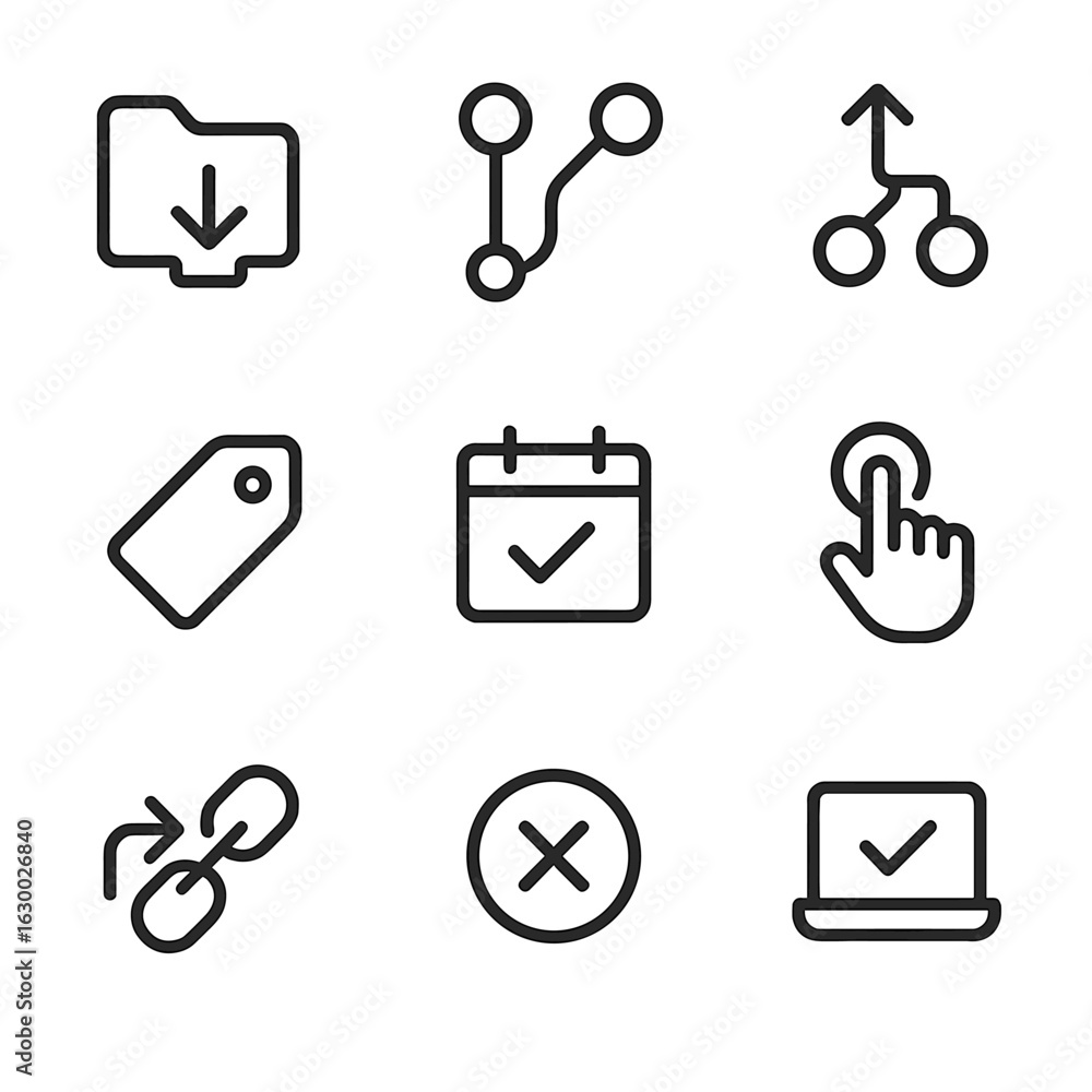 Poster ci_cd icons grid. outline icon set of ci/cd triggers: push to repo, pull request, merge event, tag c