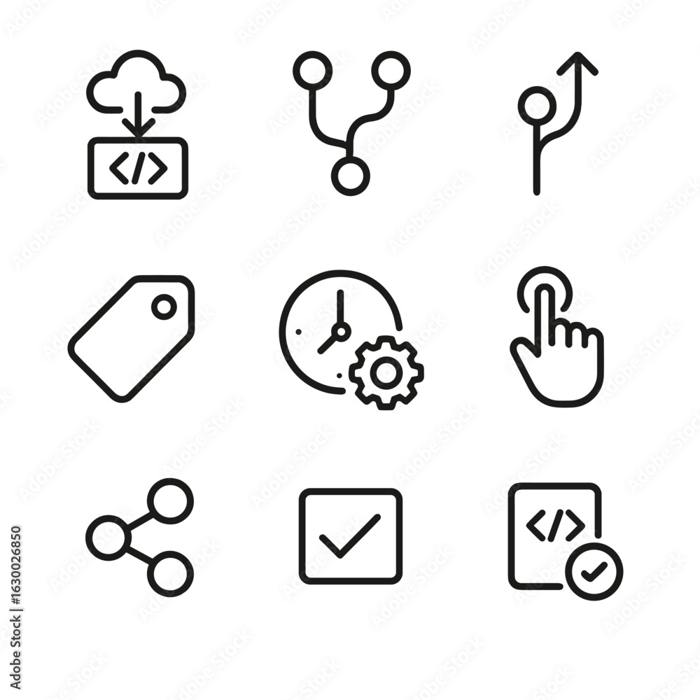 Poster ci_cd icons grid. outline icon set of ci/cd triggers: push to repo, pull request, merge event, tag c