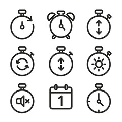 Chronometer Icon Set. Outline icon set of chronometer settings: time adjustment, alarm set, lap reset, mode switch, brightness