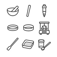Lab Grinding Tools Icons. Outline icon set of lab grinding tools: ceramic mortar, pestle rod, micro grinder, sample dish,