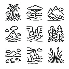 Obraz premium Outline Landscape Icons. Outline icon set of untamed landscapes: jungle, savannah, mountain ridge, volcanic island, desert canyon,