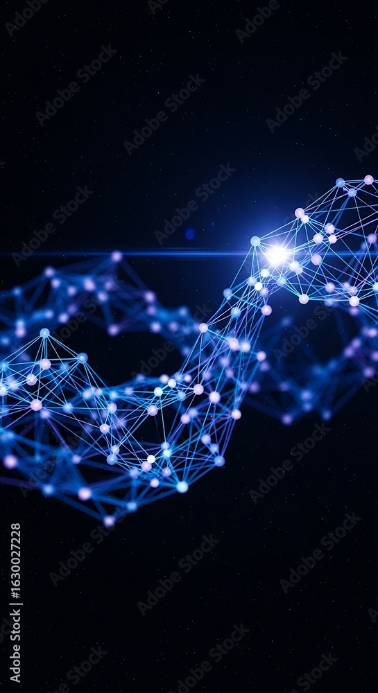 Poster abstract digital network of glowing blue nodes and connections against a dark background with faint 