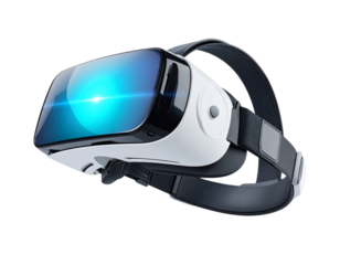  Angled View of Futuristic Virtual Reality Headset with Holographic Lens Glow, Floating Pose, Isolated