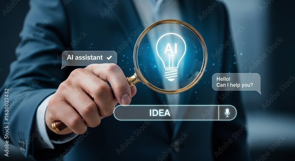 Poster a businessman using a magnifying glass to focus on an ai lightbulb icon, symbolizing the search for 