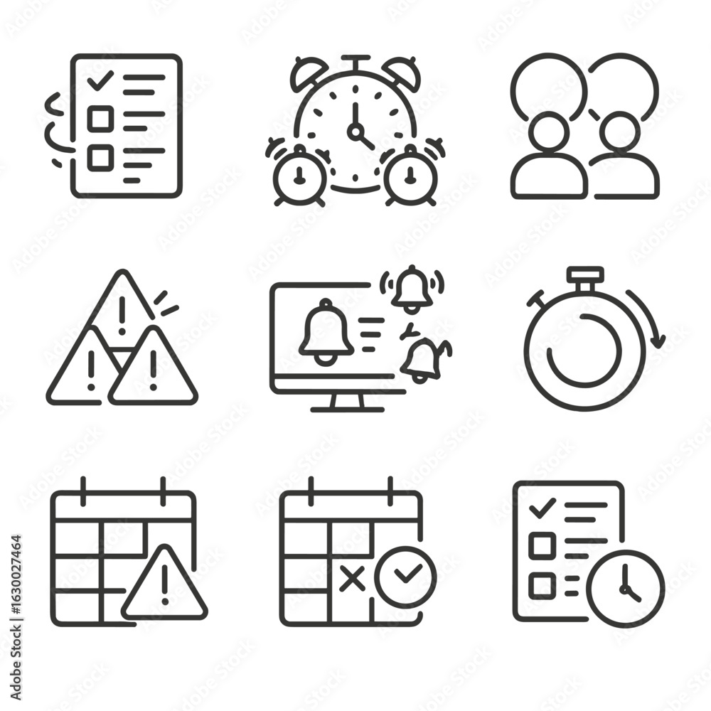 Poster time management icons. outline icon set of time management challenges: scattered tasks list, clock w