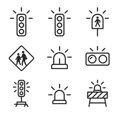 Traffic Signal Icons. Outline icon set of traffic signal flashing: red light blink, yellow light flash, pedestrian crossing flash,