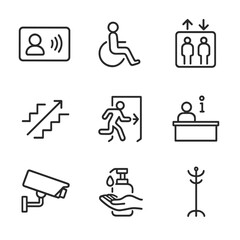 Fototapeta premium Library Access Icons. Outline icon set of library access: entrance card, wheelchair access, elevator, stairway, emergency exit,