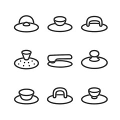Lid Handle Icons. Outline icon set of kitchen lid handles: pot lid handle, pan lid knob, casserole lid grip, steamer lid knob,