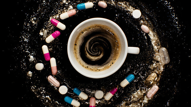 Swirling vortex of coffee and capsules, illustrating chemical imbalance and tension.
