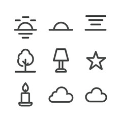 Twilight Icon Collection. Outline icon set of last light moments: sunset, fading sun, twilight sky, horizon line, silhouette of