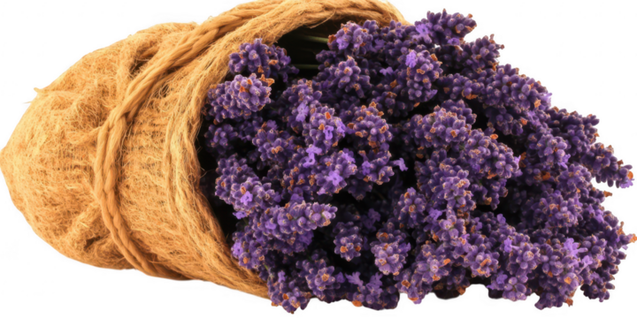 Lavender bouquet in sackcloth on transparent png background