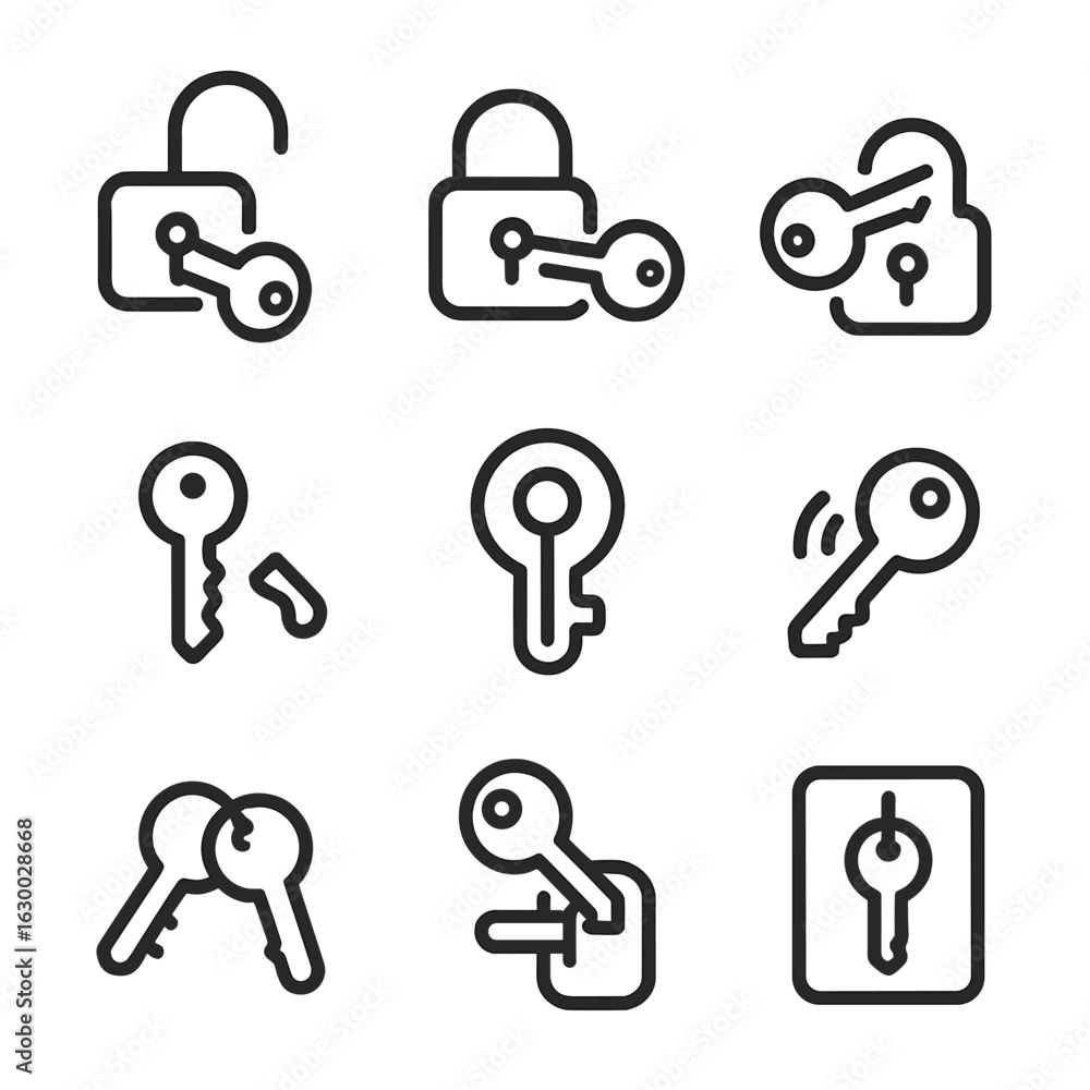 Aufkleber lock and key icons. outline icon set of lock and key interactions: unlocking key, inserting key, tur