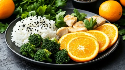 Delicious Orange Glazed Chicken Dish Served Over Rice and Broccoli with Fresh Tangerines for Lunch