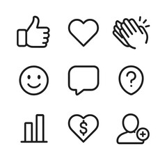 Obraz premium Live Stream Icons. Outline icon set of live stream interactions: thumbs up, heart, clapping hands, emoji face, live chat, question