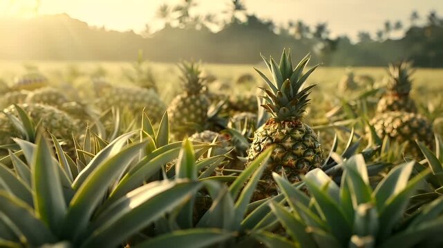 A closeup shot of a pineapple field during what appears to be the golden hour, with the sun casting a warm, golden hue over the scene. The pineapple is prominently featured in the foreground.