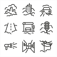 Urban Fog Icon Set. Outline icon set of urban fog scenes: skyline in mist, high-rise outline, car headlights, empty road, bus stop