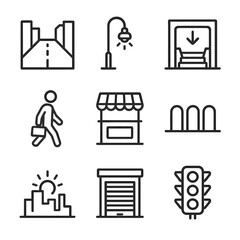 Urban Dawn Icons. Outline icon set of urban dawn: empty street silhouette, streetlight turning off, subway entrance outline, early