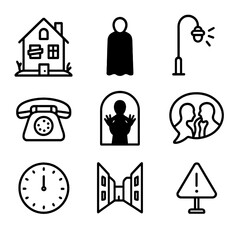 Fototapeta premium Urban Legends Icons. Outline icon set of urban legends: abandoned house, shadowy figure, flickering streetlight, old phone ringing