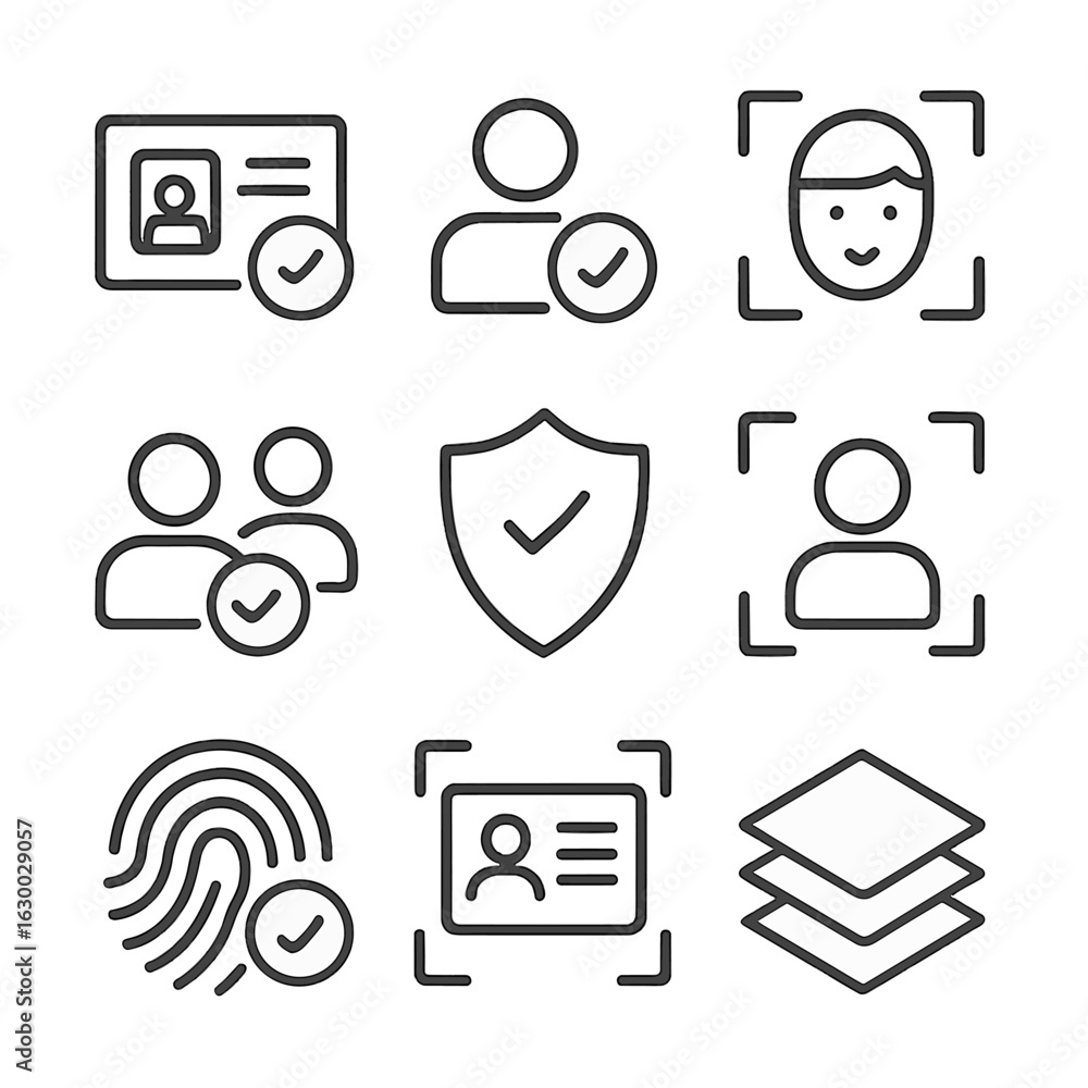 Aufkleber user verification icons. outline icon set of user verification: check id, approved user, face check,