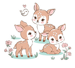 Hand drawn illustration of cute baby deer family vector woodland animals for kids