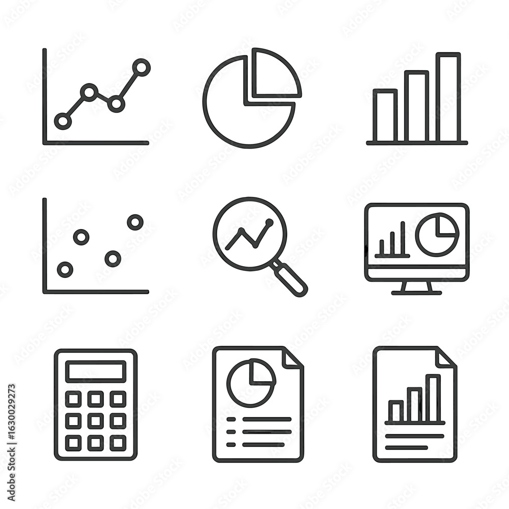 Poster data analysis icons. outline icon set of data analysis: graph, pie chart, bar chart, statistics, dat