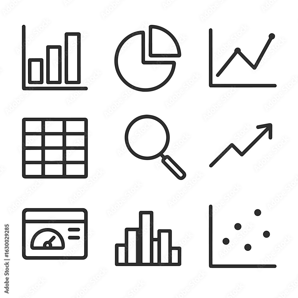 Poster data analytics icon set. outline icon set of data analytics concepts: bar chart, pie chart, line gra