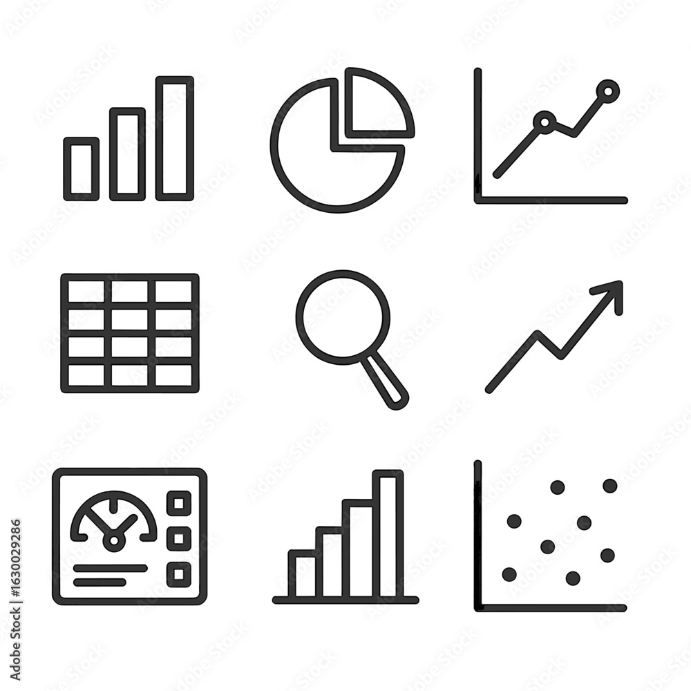 Poster data analytics icon set. outline icon set of data analytics concepts: bar chart, pie chart, line gra