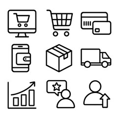E-commerce Icons Grid. Outline icon set of internet sales growth: computer, shopping cart, barcode, credit