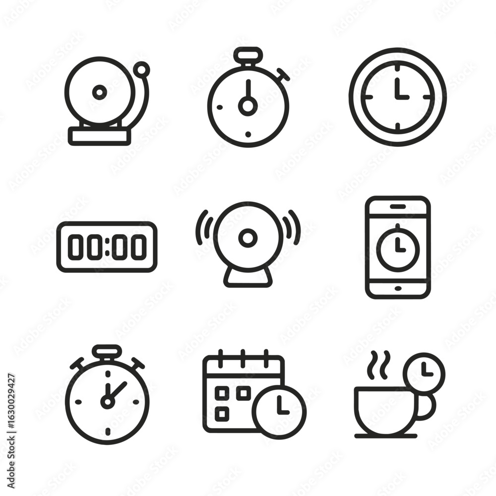 Poster classroom timing icons. outline icon set of classroom timing: school bell, class timer, lesson clock
