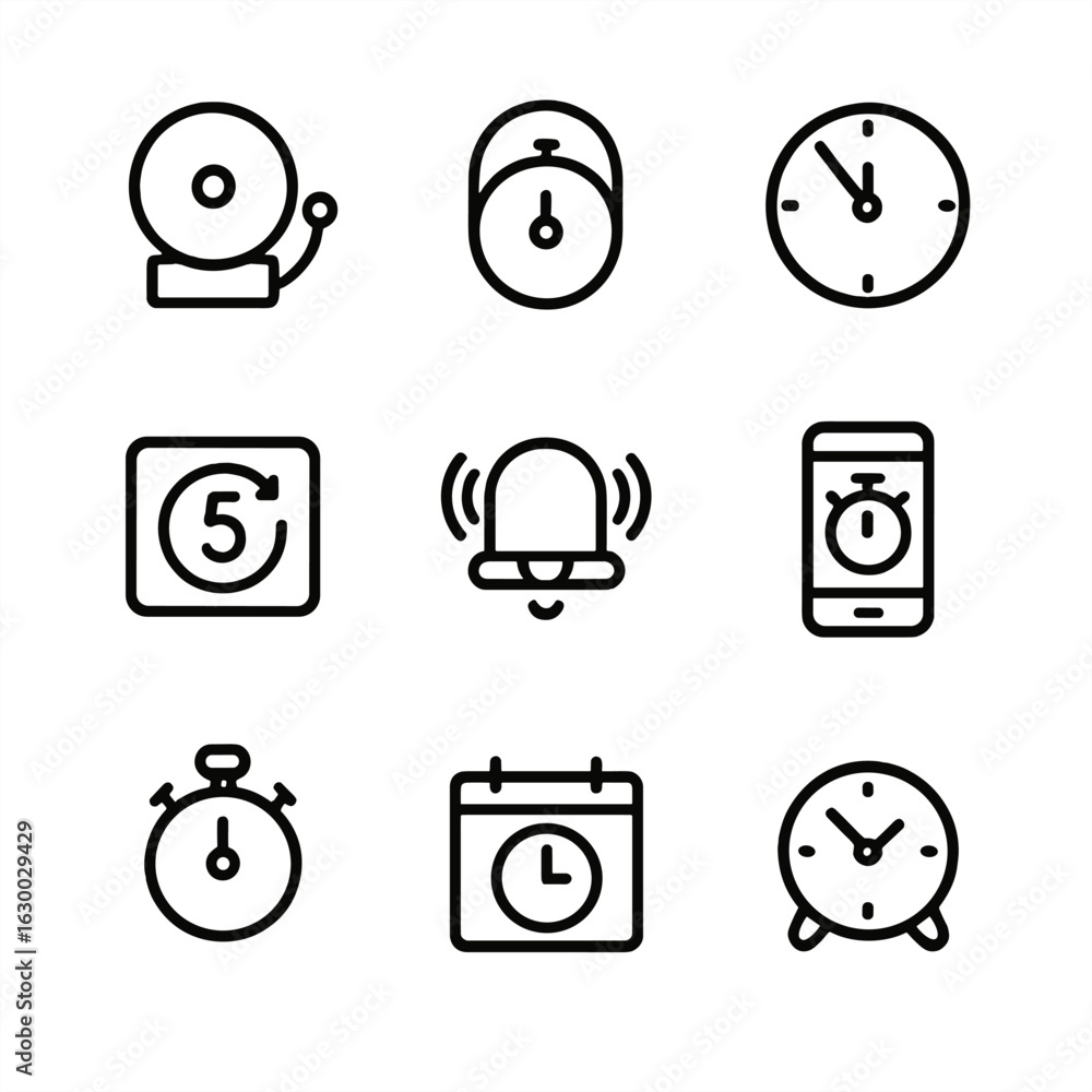 Poster classroom timing icons. outline icon set of classroom timing: school bell, class timer, lesson clock