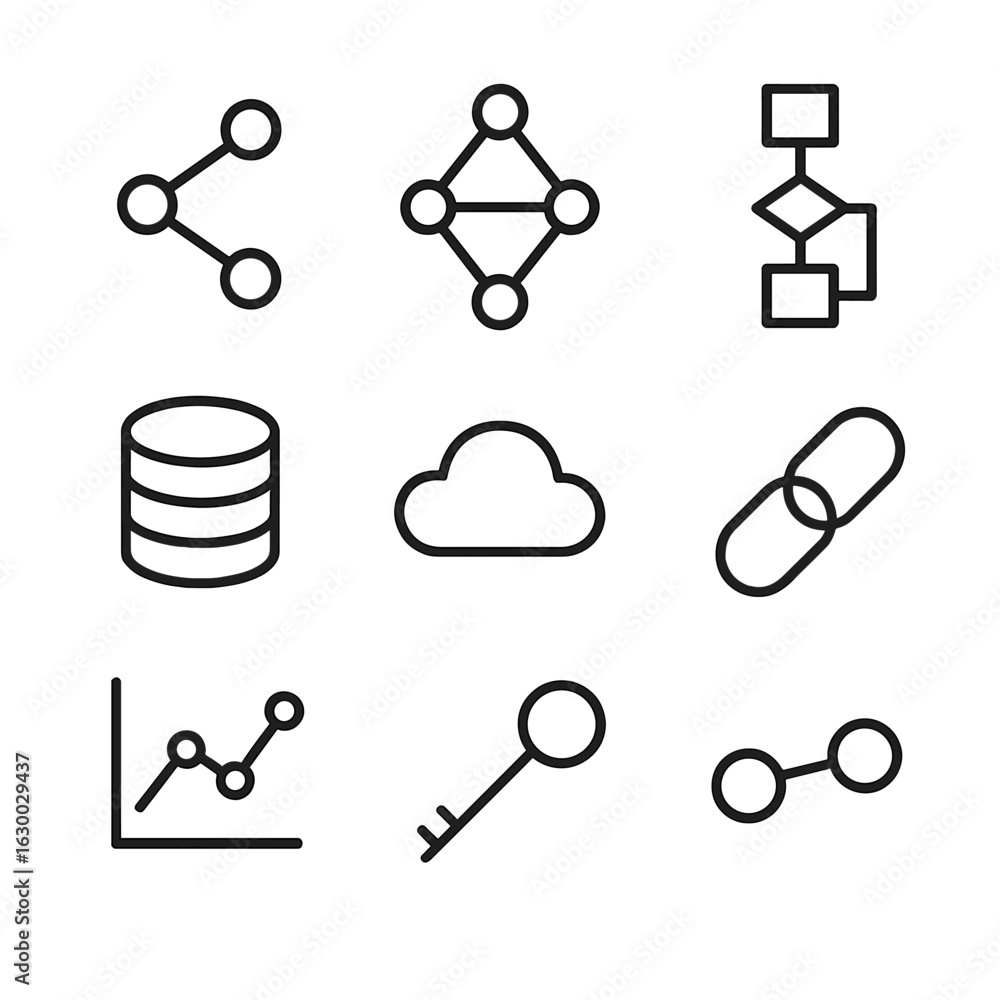 Aufkleber data mapping icons. outline icon set of data mapping: data nodes, network graph, flowchart, database