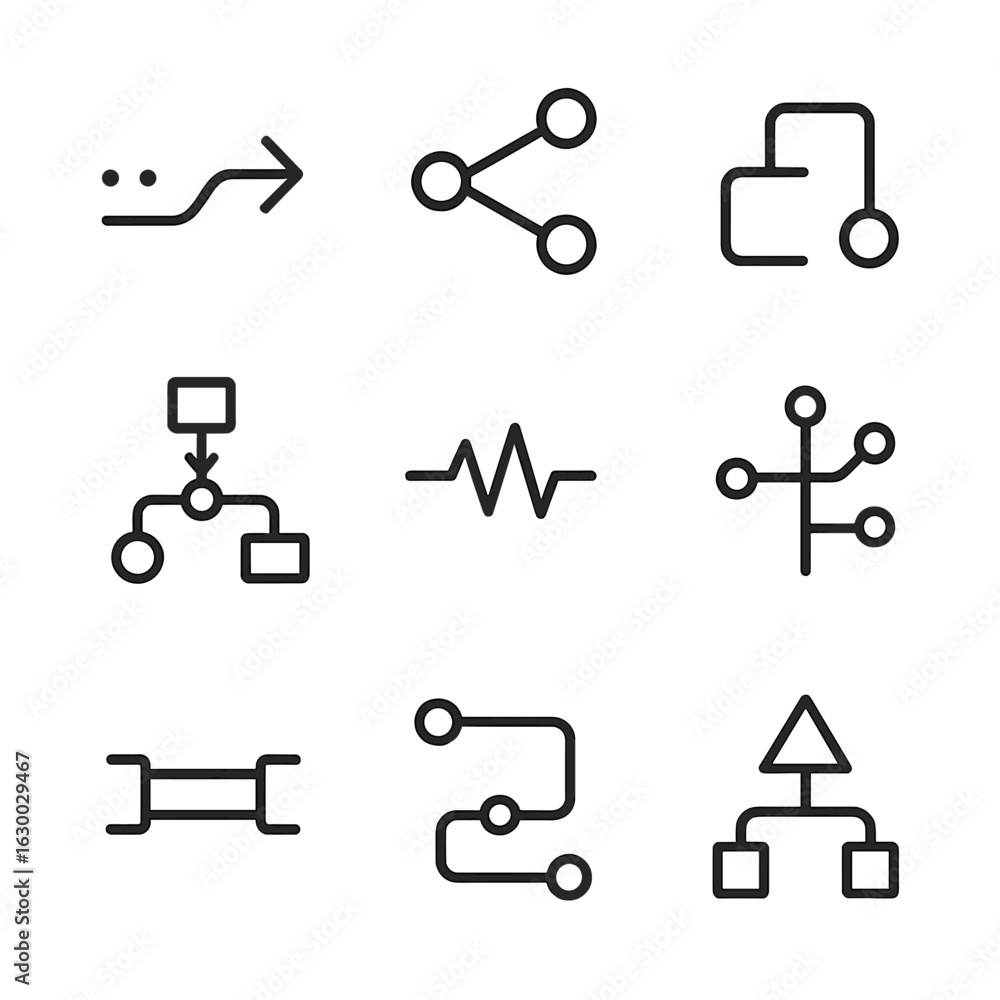 Aufkleber data path icons. outline icon set of data path concepts: data flow, network route, process path, wor