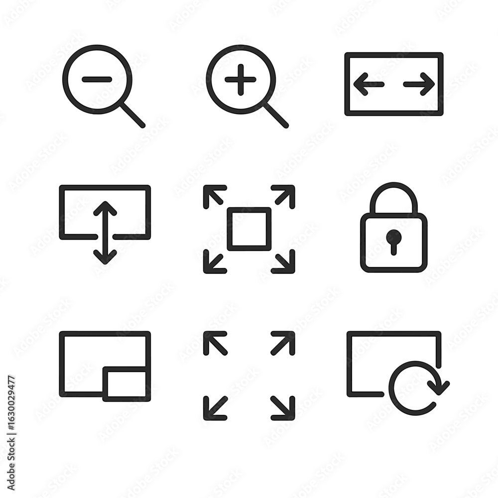Aufkleber video controls icon set. outline icon set of video playback zoom and fit controls: zoom out, zoom in
