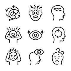 Fototapeta premium Madness Concept Icons. Outline icon set of madness concepts: chaos, insanity, delirium, frenzy, hallucination, obsession,