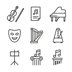 Classical Music Icon Set. Outline icon set of classical music themes: violin, sheet music, grand piano, conductor baton, opera
