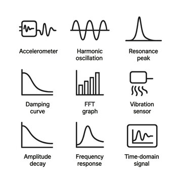 Vibration Analysis Icons. Outline icon set of vibration analysis: accelerometer waveform, harmonic oscillation, resonance peak,